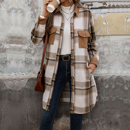 Damen Karierte Langarmjacke Baumwolle Moderner Schnitt weiß