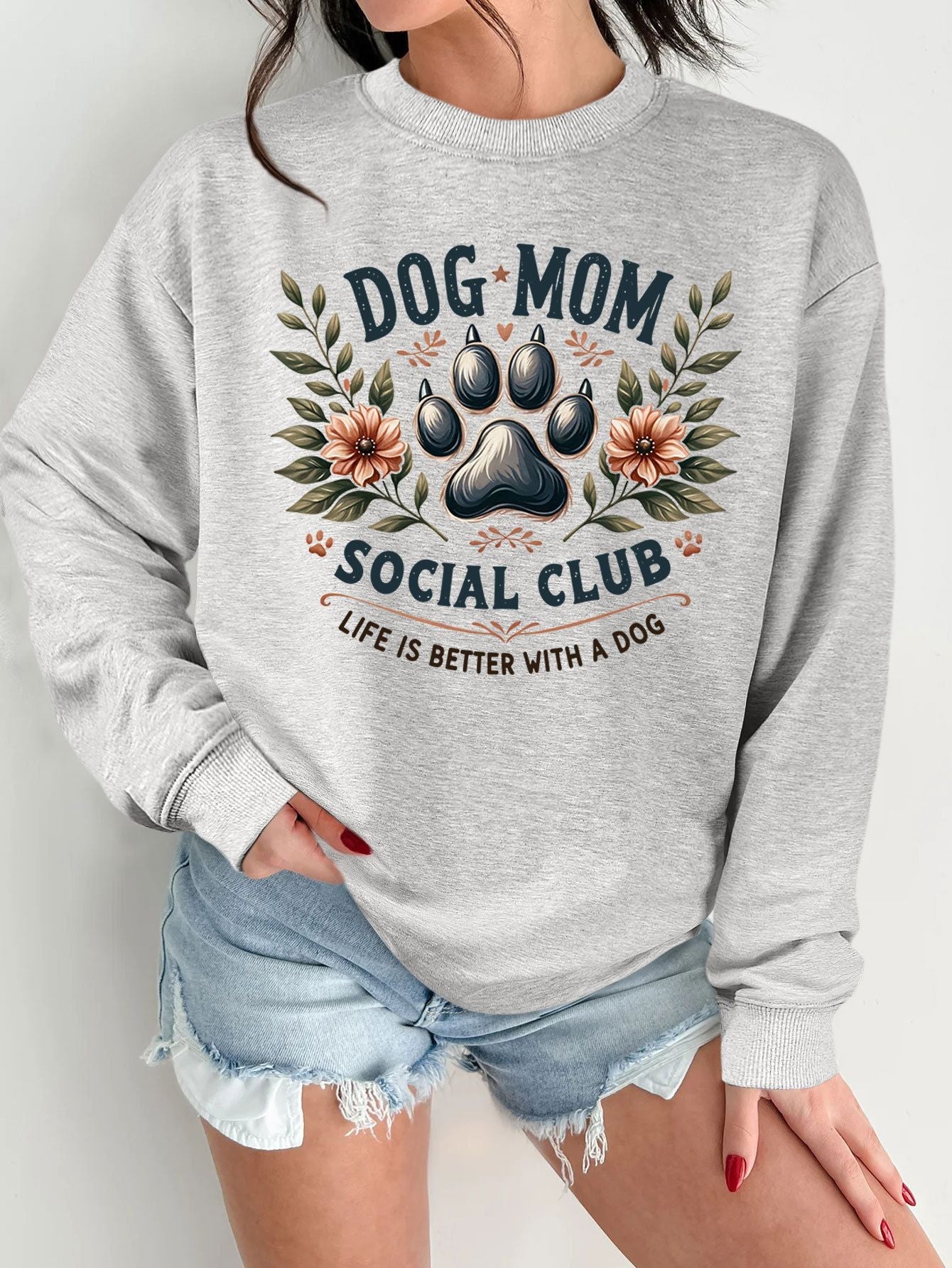 Damen Sweatshirt Hundemotiv Aufdruck Grau