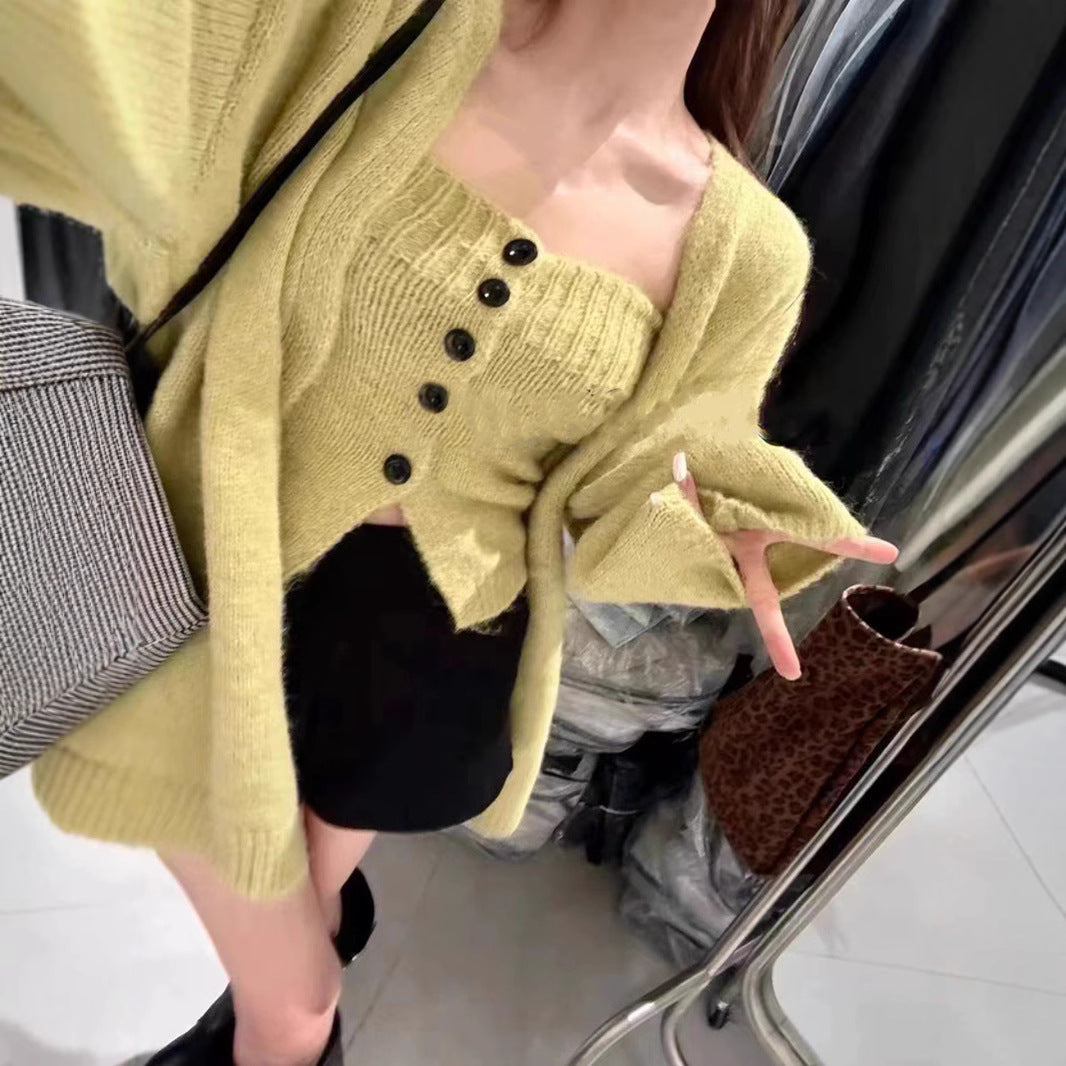 Damen Cardigan Offene Front Knopfverschluss Beige