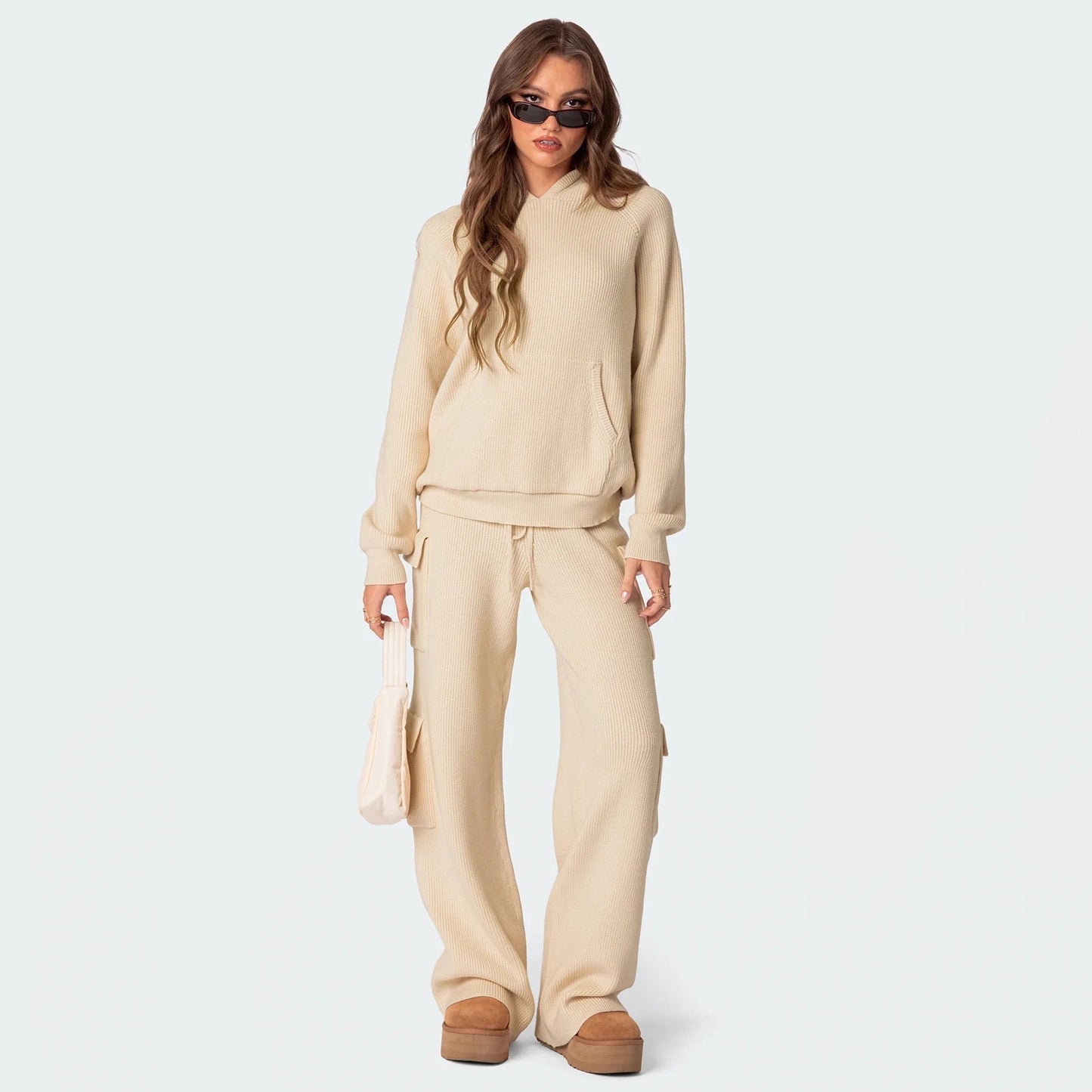 Damen Hoodie Kapuze Weiches Waffelmuster Eveloria
