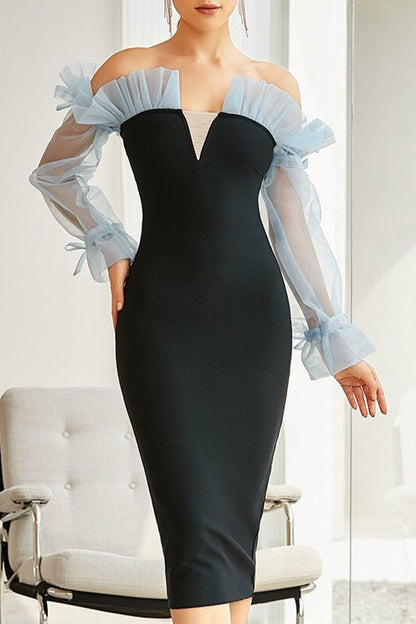 Damen Cocktailkleid Figurbetont mit Puffärmeln V-Ausschnitt Eveloria