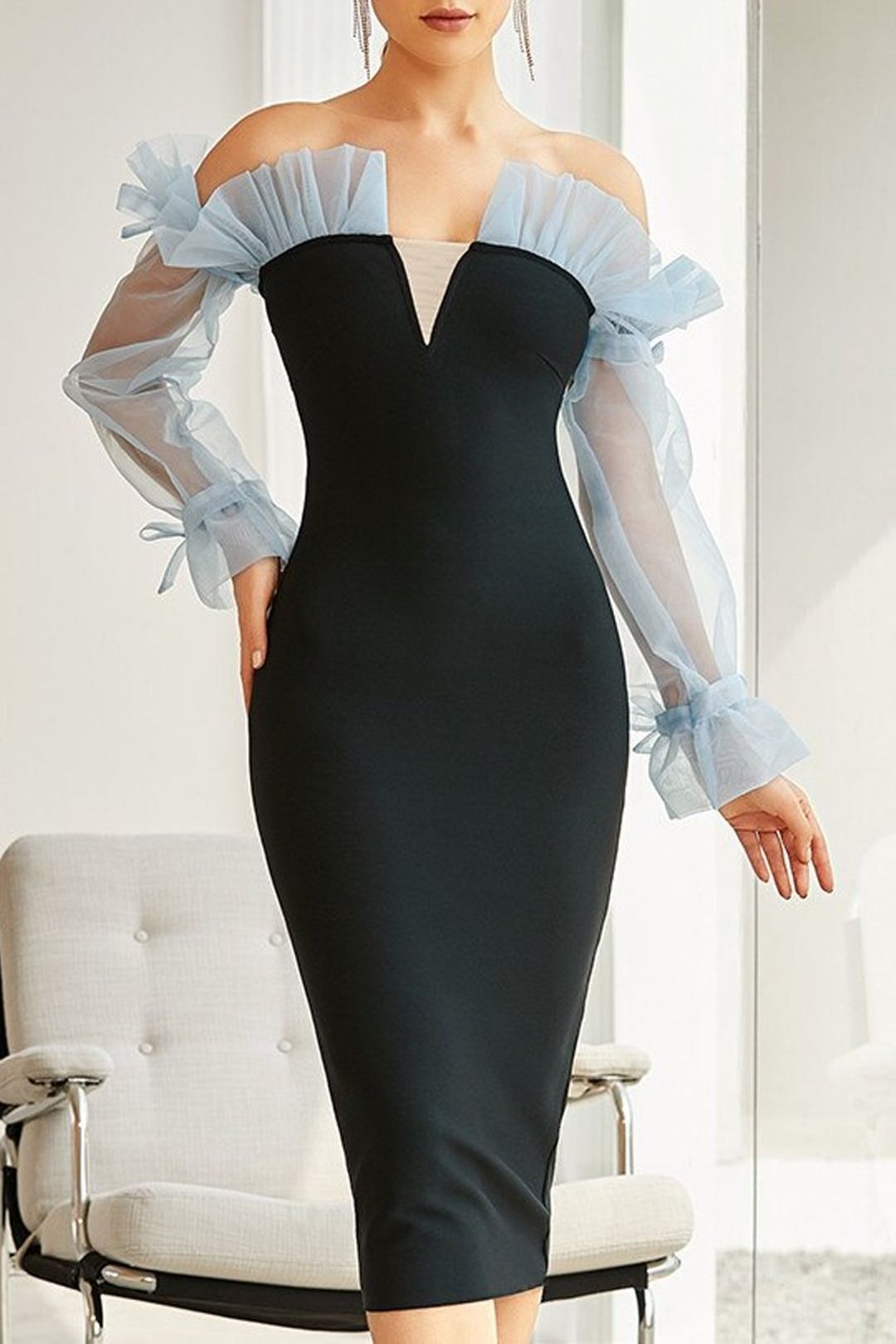Damen Off-Shoulder Kleid Transparente Rüsche Figurbetont