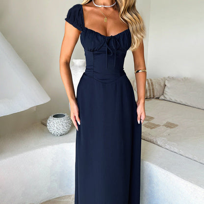 Damen Maxikleid Raffung Puffärmel Elegantes Design