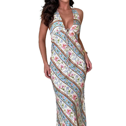 Damen Maxikleid Floralmuster Bindbarer Nacken Eveloria