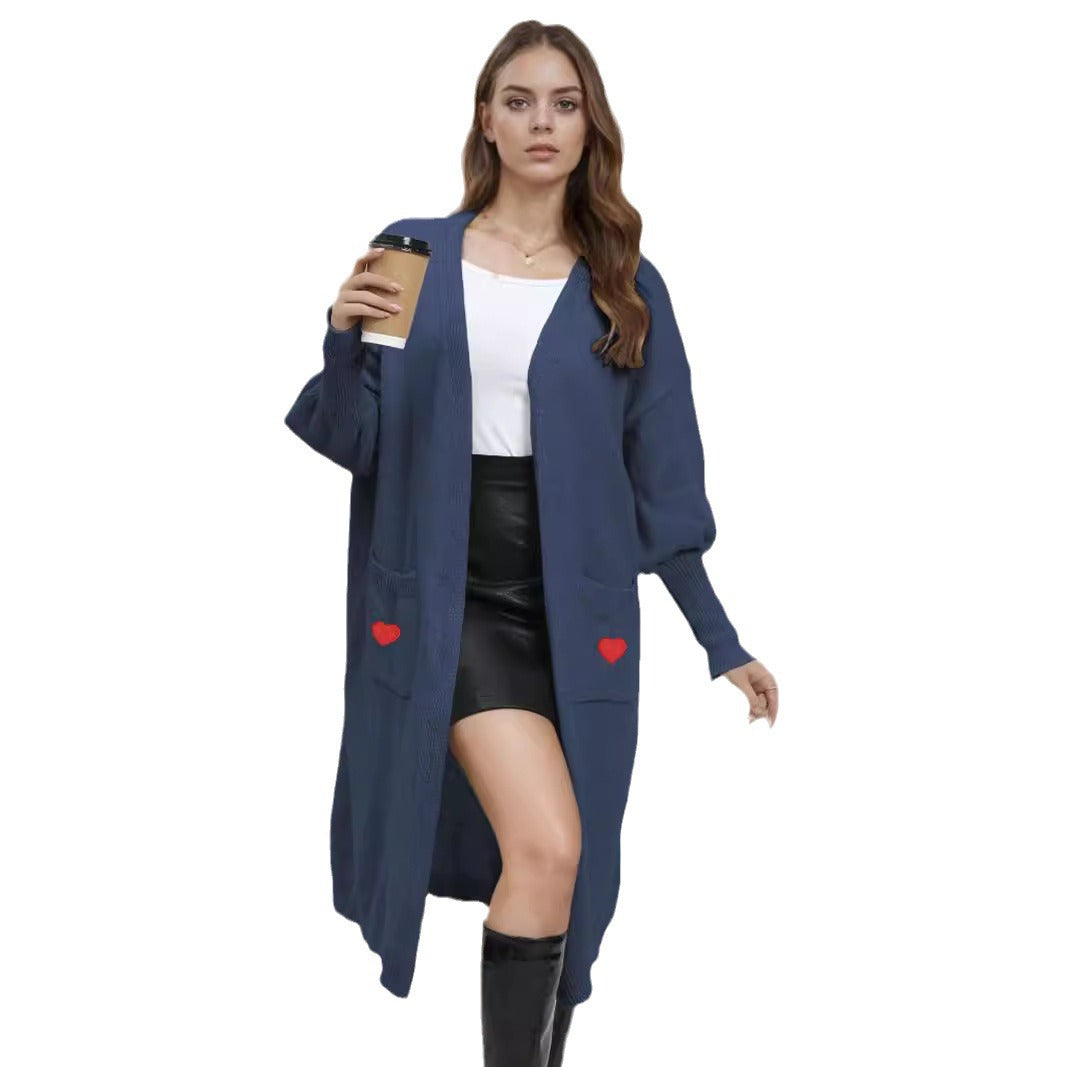 Damen Strickjacke Langarm mit Herzen Offene Taschen