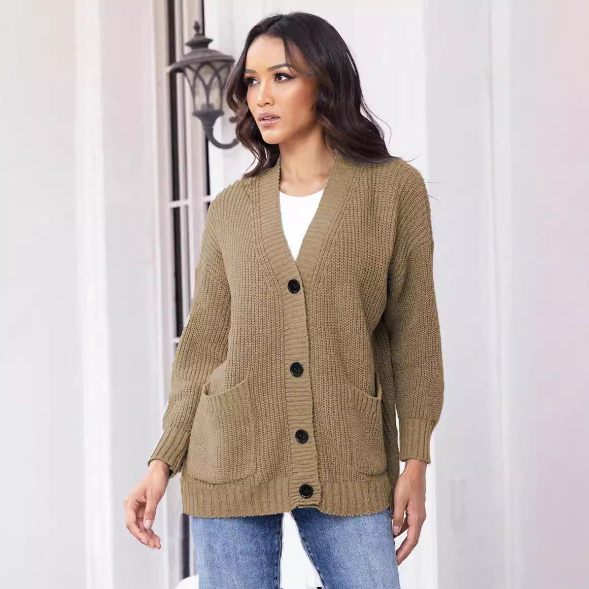 Damen Cardigan Grobstrick mit großen Taschen V-Ausschnitt Beige