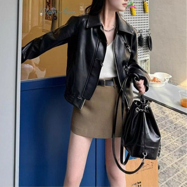 Damen Kunstlederjacke Klassisches Revers Eveloria
