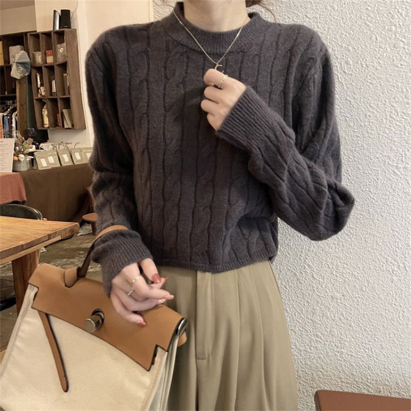 Damen Grobstrickpullover Strukturiertes Zopfmuster Lässig Beige