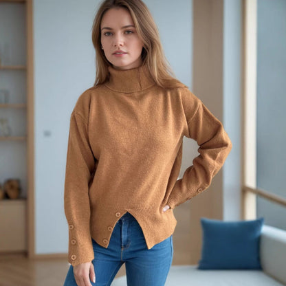 Damen Rollkragenpullover Knopfdetails Eveloria