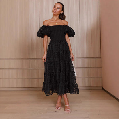 Damen Maxikleid Luftige Puffärmel Gerafftes Oberteil