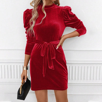 Damen Samtminikleid mit Schleifenbund und Puffärmeln Schwarz - Eveloria