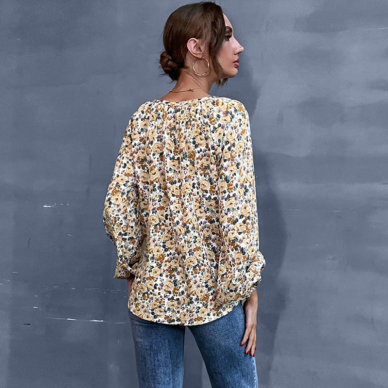 Damen Bluse Floralmuster Geraffte Ärmel