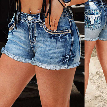 Damen Jeans-Shorts Floralmuster Französer Saum - Eveloria