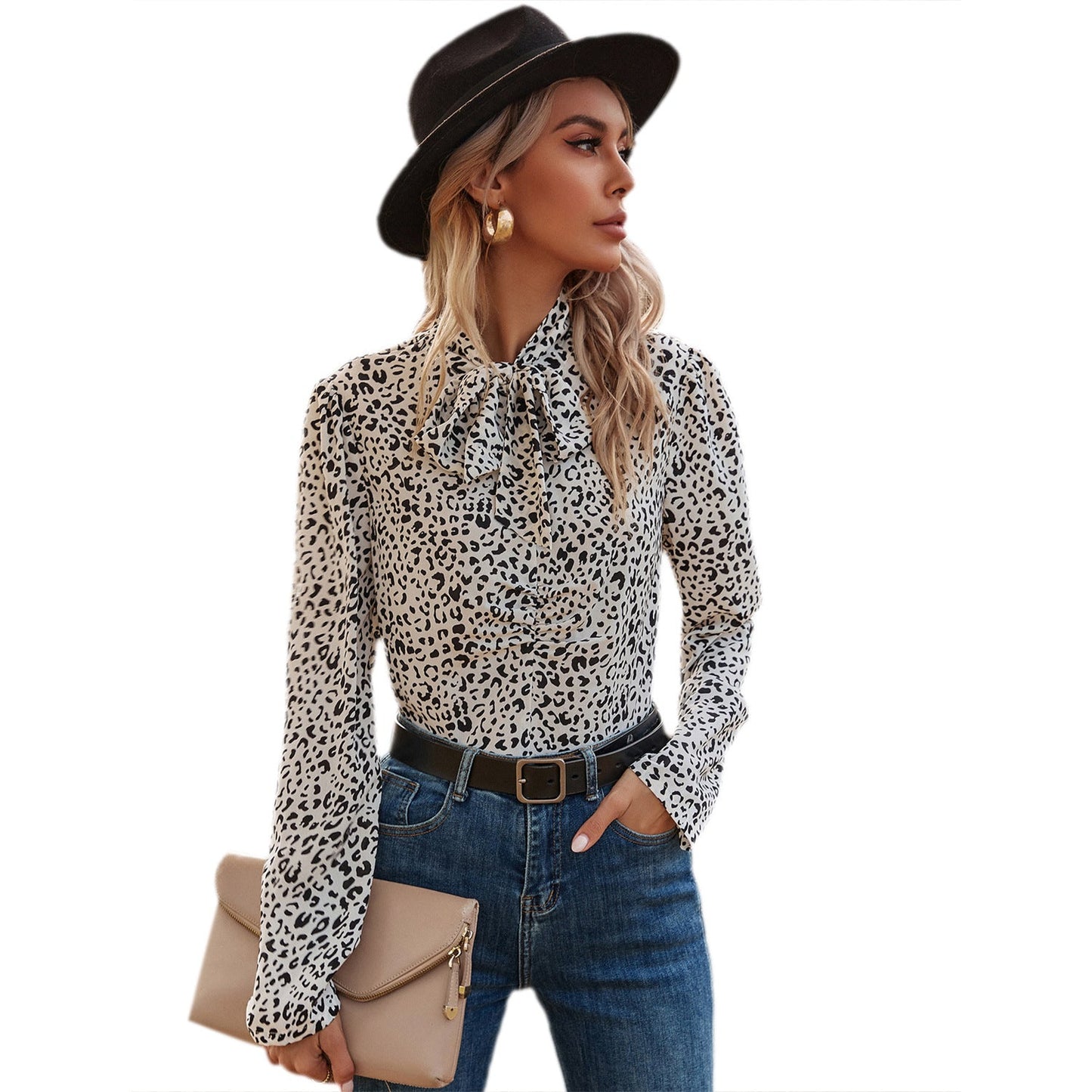 Damen Bluse Leopardenmuster Rüschendetails Elegantes Design