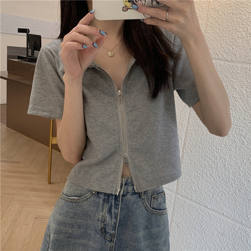 Damen Poloshirt Cropped Reißverschluss Strukturierter Stoff Eveloria - Eveloria