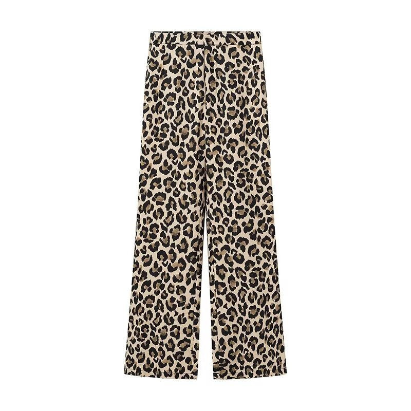 Damen Leinenhose Leopardenmuster Weite Bein