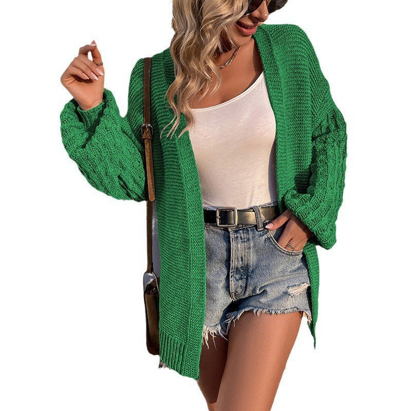 Damen Cardigan Grobstrick Offene Front Kabelmuster Beige Eveloria
