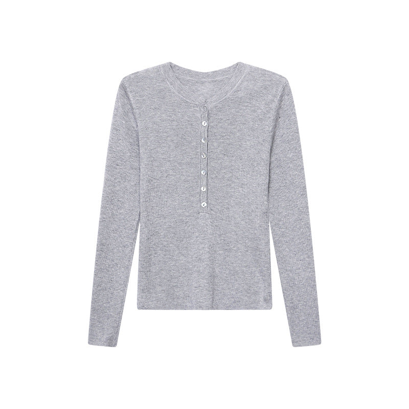Damen Langarm Henley-Shirt Rippmaterial Knopfleiste Weiss Eveloria