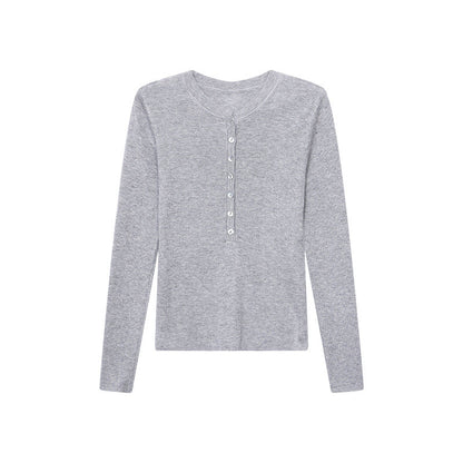 Damen Langarm Henley-Shirt Rippmaterial Knopfleiste Weiss Eveloria