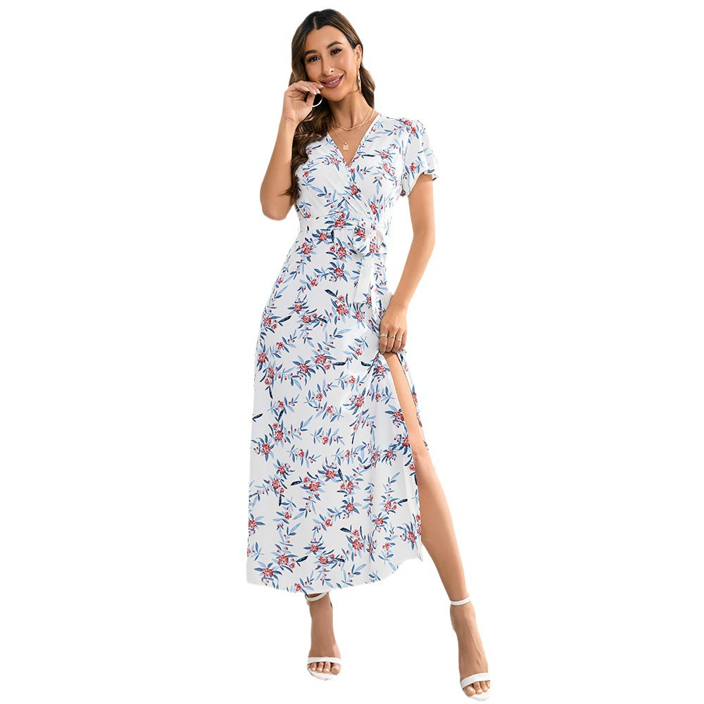 Damen Maxi-Kleid Floralmuster Taillengürtel