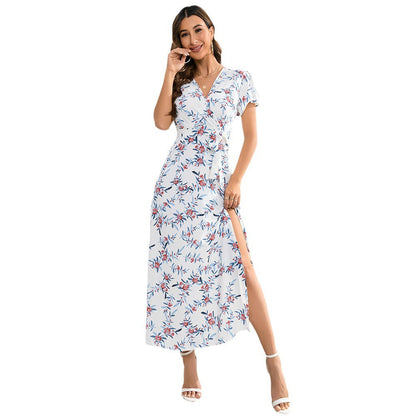 Damen Maxi-Kleid Floralmuster Taillengürtel