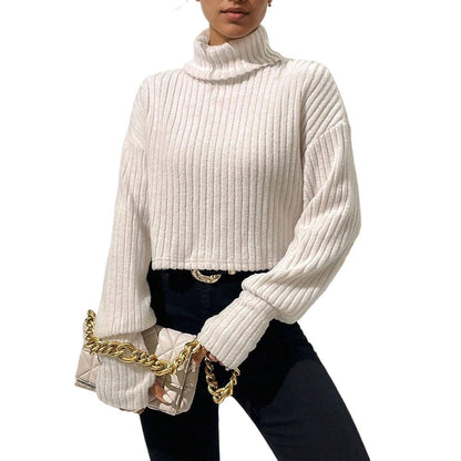 Damen Cropped Pullover Rippstruktur Hochkragen Beige