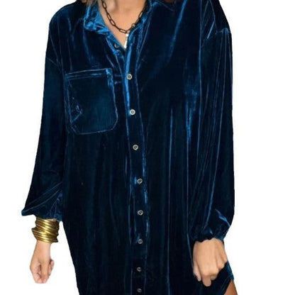 Damen Strandhemdkleid Weiches Samtstoff Kleid mit Knöpfen