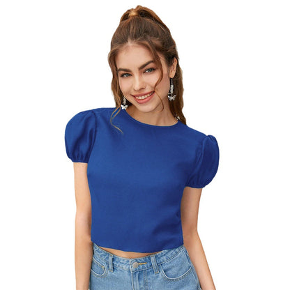 Damen Cropped mit Puffärmeln Rundhalsausschnitt
