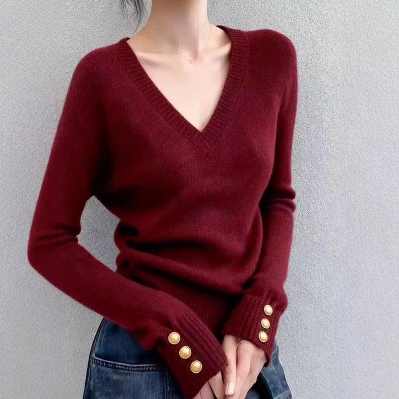 Damen Pullover V-Ausschnitt Feinripp mit Knöpfen Elegantes Design - Eveloria