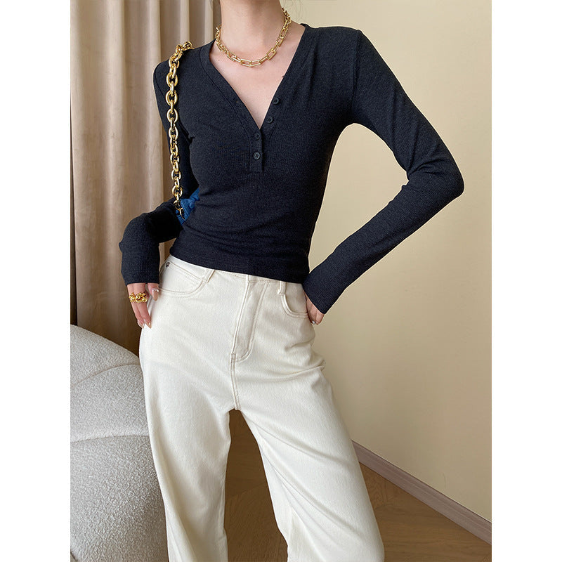 Damen Langarmshirt Rippstrick Knopfdetails Schwarz Eveloria - Eveloria