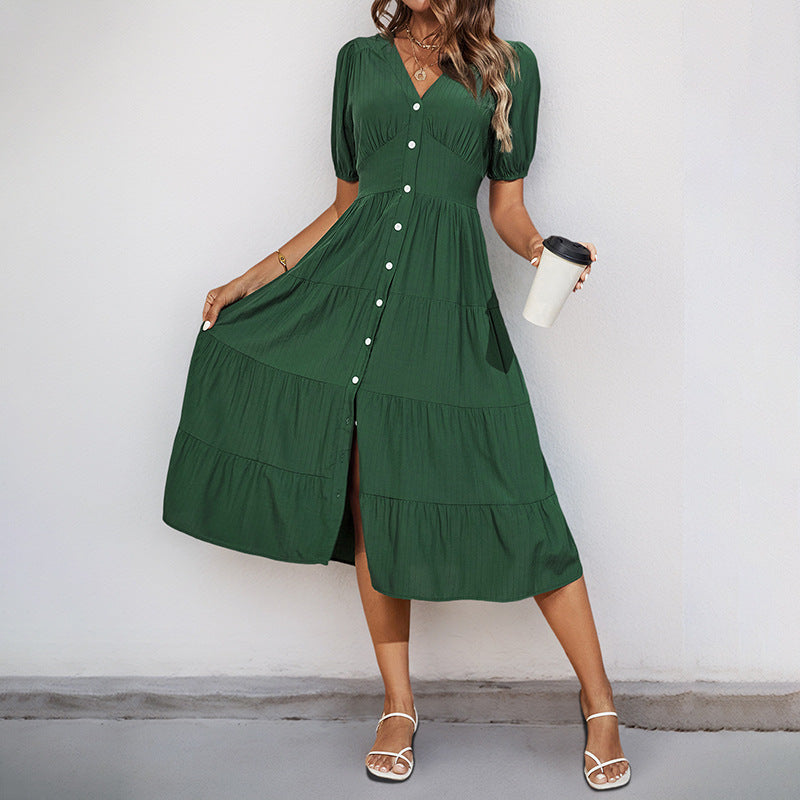 Damen Midikleid Knopfverschluss Voluminöser Rock Eveloria