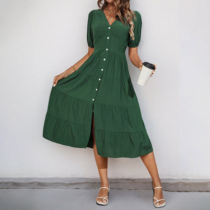 Damen Midikleid Knopfverschluss Voluminöser Rock Eveloria