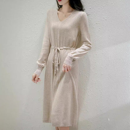 Damen Strickkleid Taillierbarer Gürtel Fein Strukturiert Anthrazit