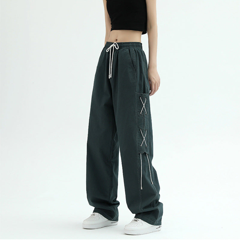 Damen Cargo-Hose Weit mit Schnürung Beige