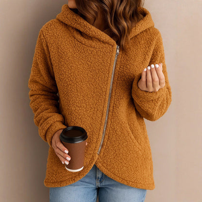Damen Fleecejacke Asymmetrischer Reißverschluss Kapuze