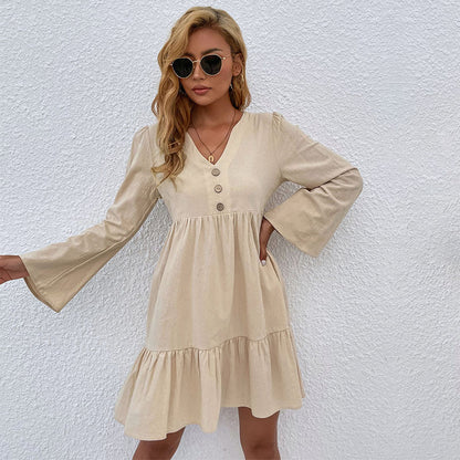 Damen Wickelkleid V-Ausschnitt Modische Knöpfe Eveloria