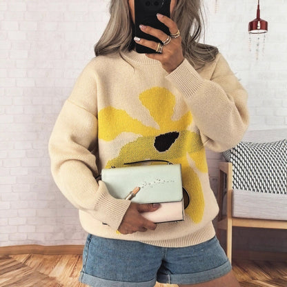 Damen Strickpullover Bunt Blumenmotiv Überschnittene Schultern