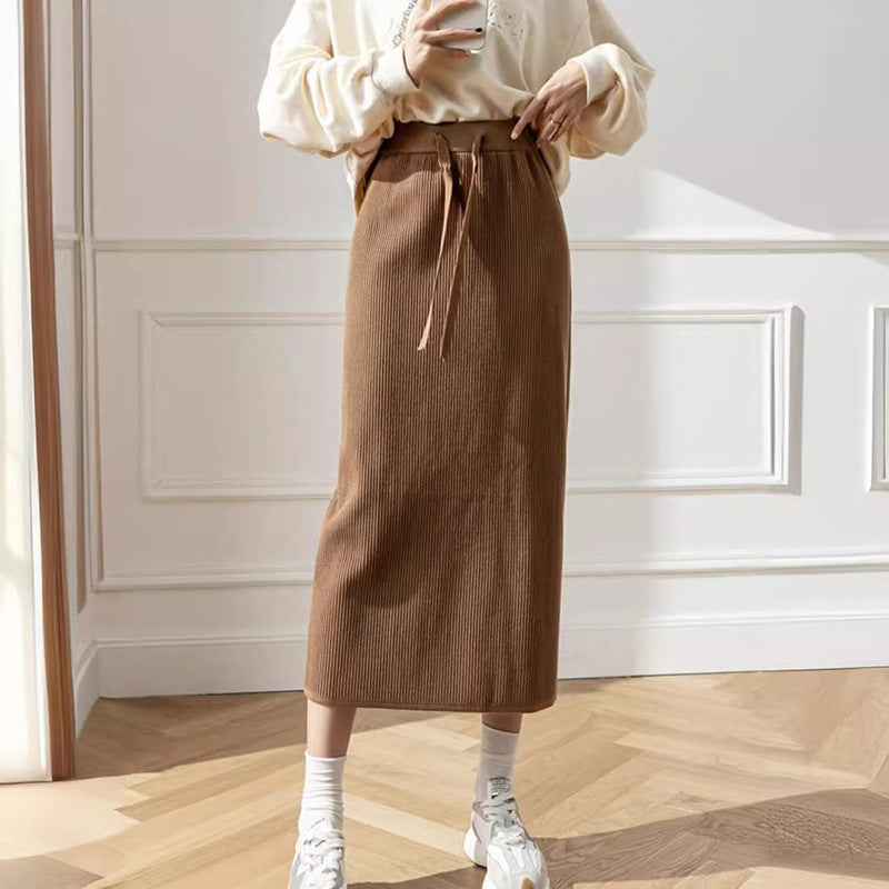 Damen Midi-Rock Elastischer Bund Taillierender Bindegürtel