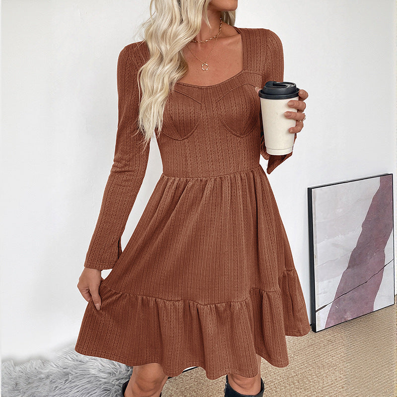 Damen Langarmkleid Tailliert Voluminöser Rock Eveloria