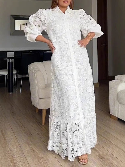 Damen Spitzenmaxikleid mit Voluminösen Ärmeln Eveloria