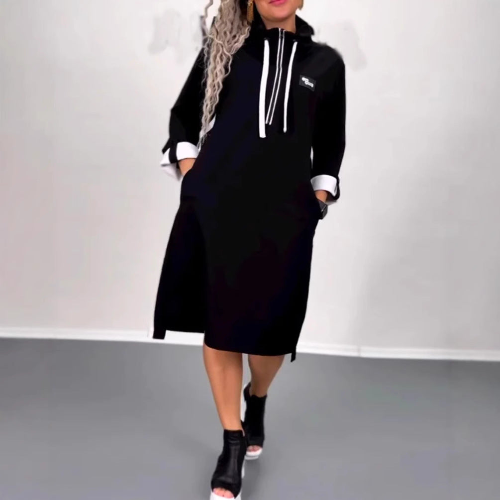 Damen Kapuzenkleid mit Taschen Farbkontrast
