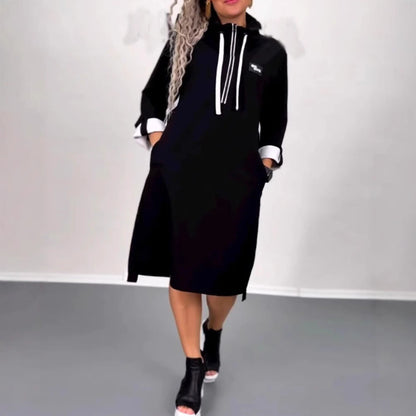 Damen Kapuzenkleid mit Taschen Farbkontrast