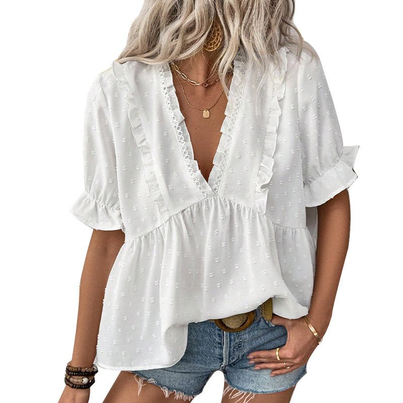 Damen Oberteil mit Rüschendetails V-Ausschnitt Bluse Eveloria