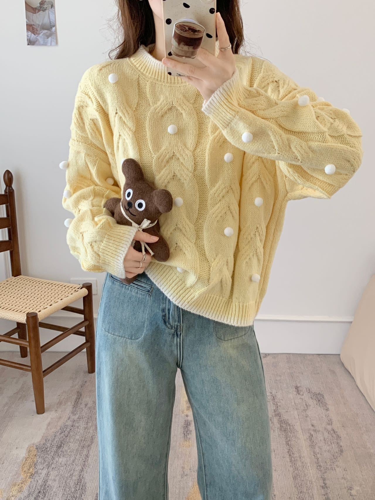 Damen Oversize Pullover Grobgestrickt Lässig Zopfmuster Beige