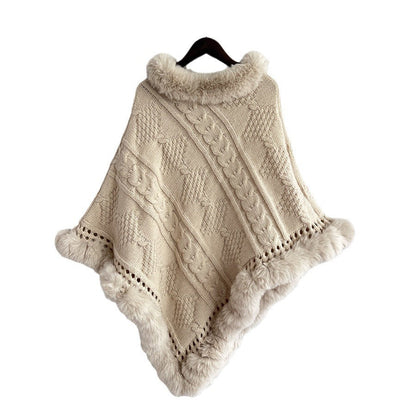 Damen Strickponcho Weiches Fell Dekorative Zöpfe Braun