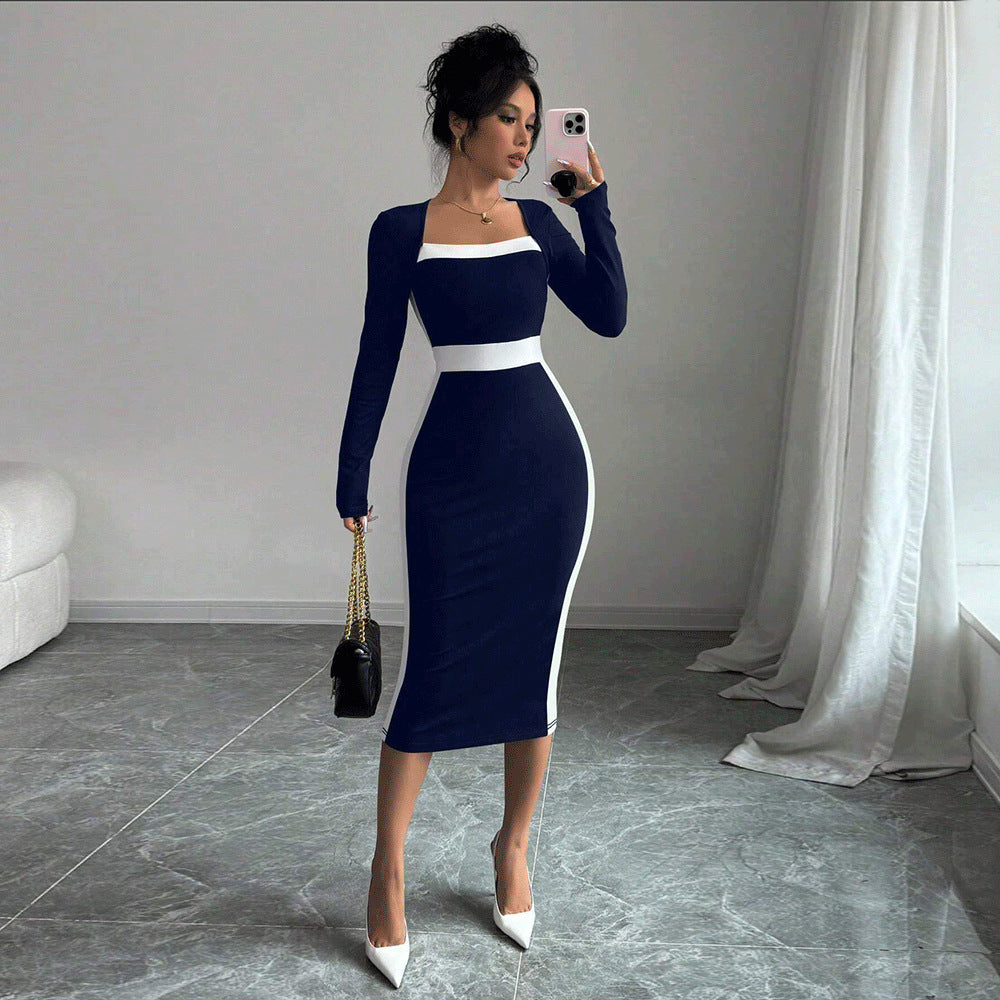 Damen Midi-Kleid Figurbetont Quadratischer Ausschnitt Kontrast