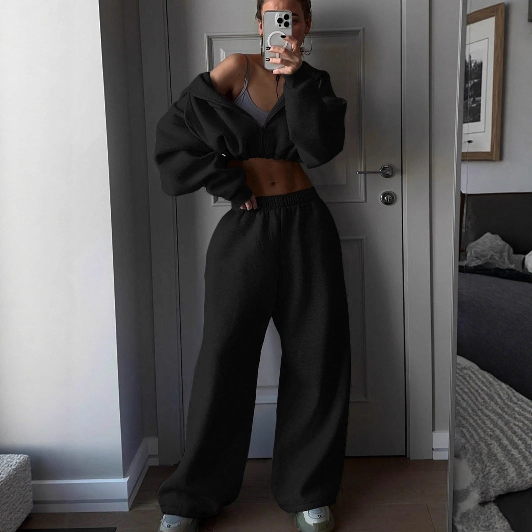 Damen Sweatshirt Set Cropped mit weiter Jogginghose Grau
