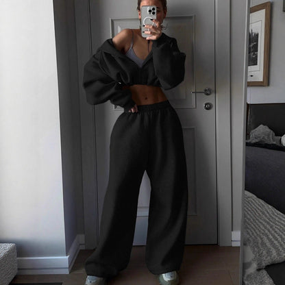 Damen Sweatshirt Set Cropped mit weiter Jogginghose Grau