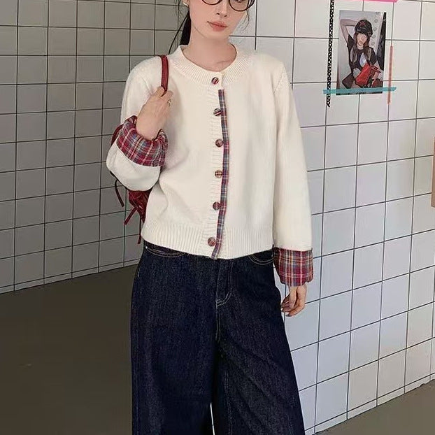 Damen Strickjacke Karomuster Mit Knöpfen Beige
