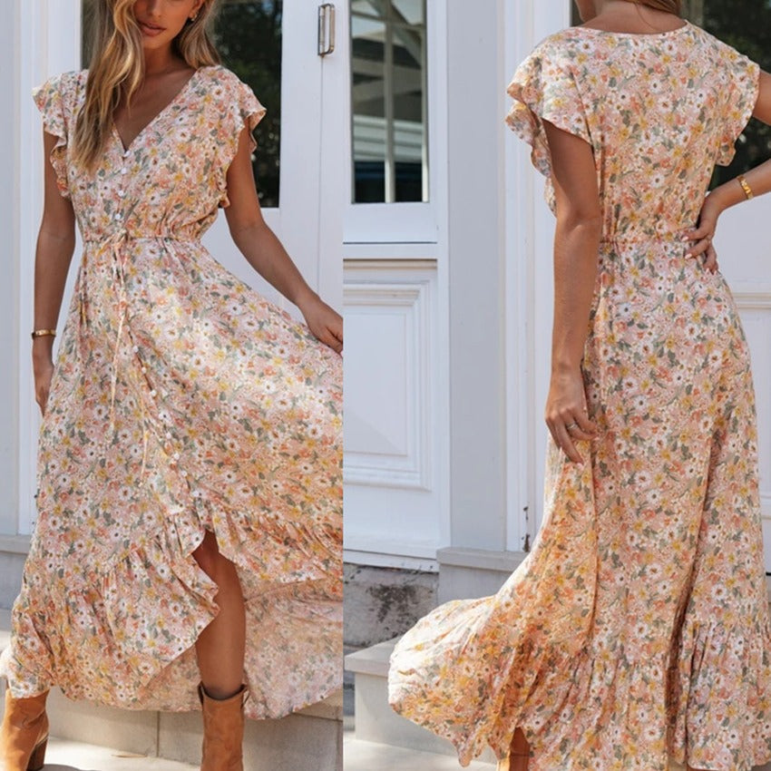 Damen Maxikleid Blumendruck Rüschendetails Eveloria - Eveloria